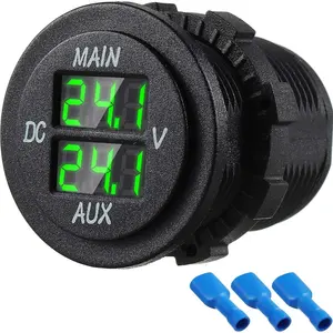 LED Digital Double Voltmeter, Round Panel Voltage Monitor for Car Pickup RV Truck Dual Battery Pack (Green)