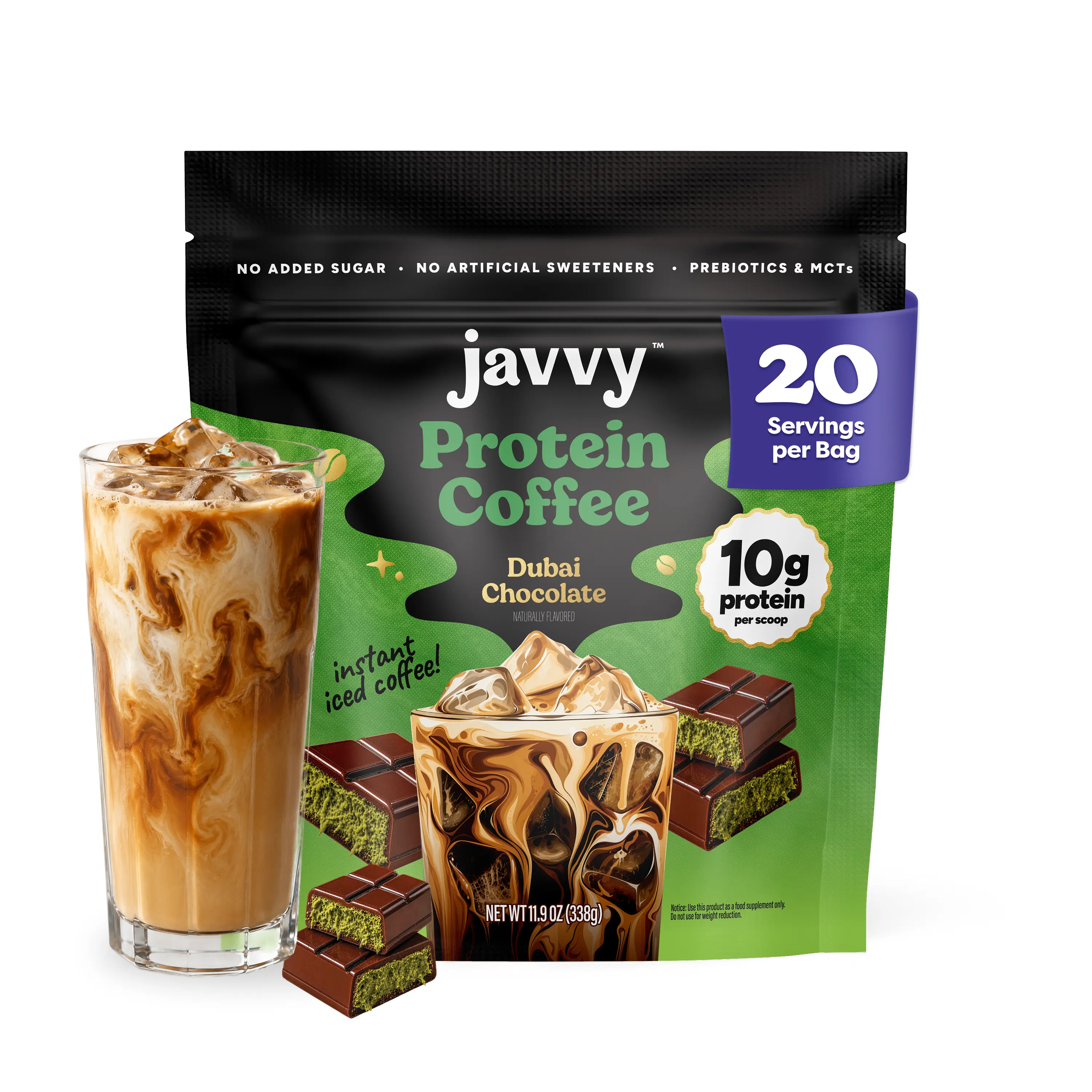Javvy Dubai Chocolate Protein Iced Coffee - Premium Whey Protein & Instant Iced Coffee - 100% Natural Cold Brew, 80 mg Caffeine, 0 Artificial Flavors & Sweeteners, No Added Sugar, 20 Servings