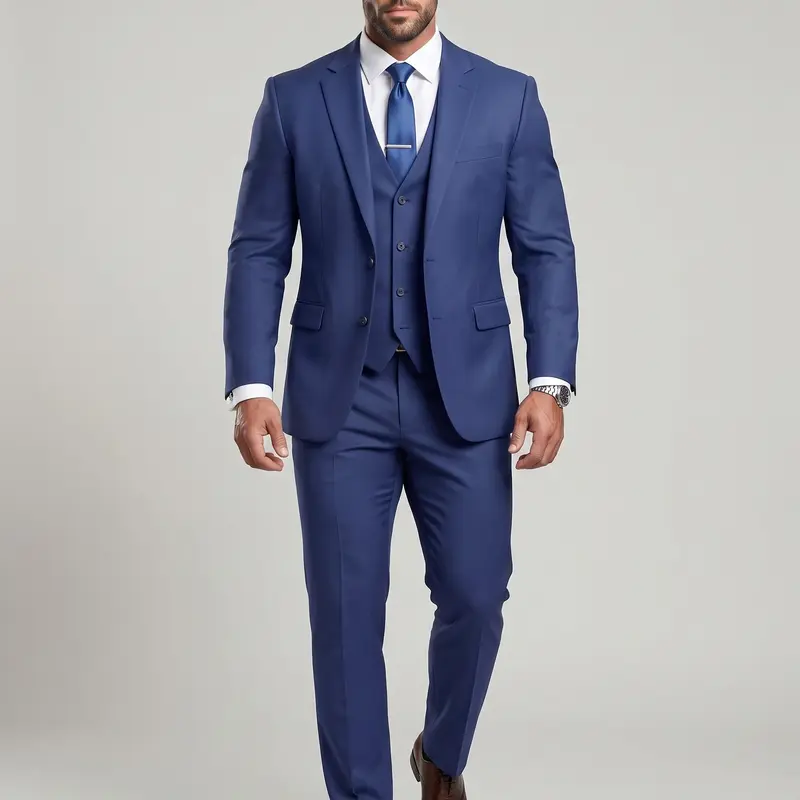 KZZ Men's Elegant Formal 3-Piece Pinstripe Plain Polyester Tuxedo Suit Set - Peak Lapel, Fitted Cut, All Seasons, Button Closure, Dry Clean Recommended, for Groom Weddings, Business