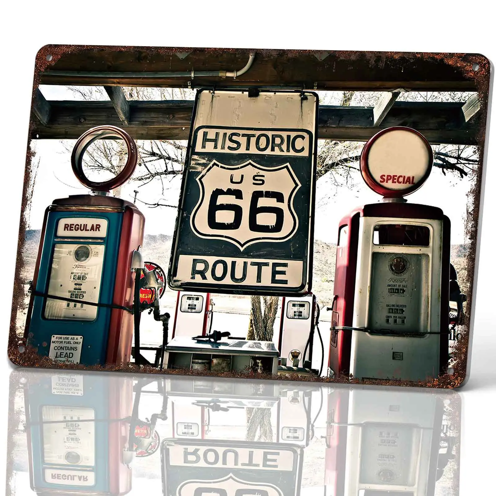 Historic Route 66 Gas Station Metal Sign 8x12 Inch, Funny Aluminum Wall Decor for Garage Bar Man Cave