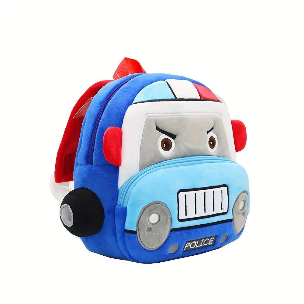 Kids' Cute Polyester Plush Backpack, Cartoon Police Car & Fire Truck Design, Lightweight Fade-Resistant Bag for Toddlers, Kindergarten Use