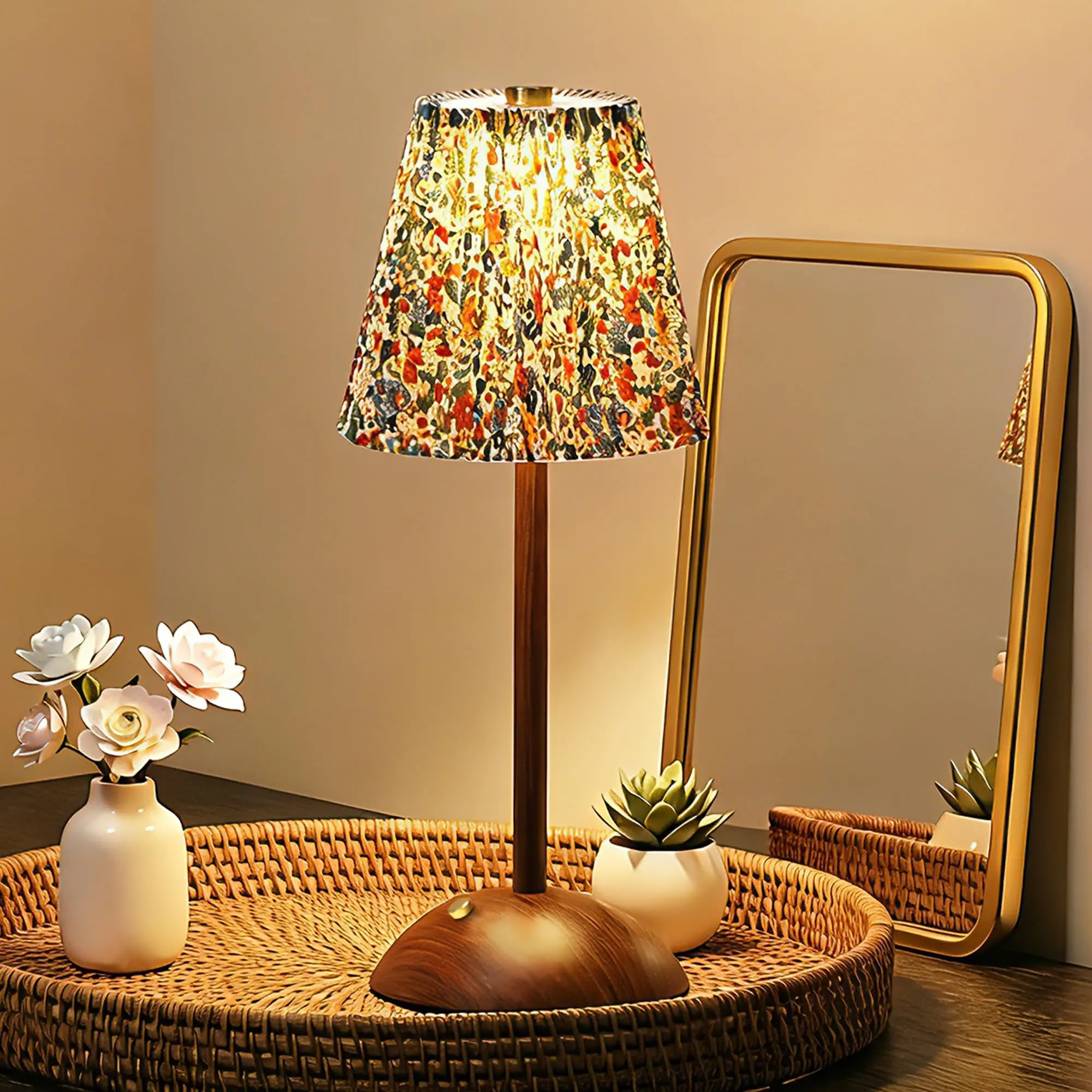 Vintage Cordless touch switch control Table Lamp, Trumpet Rechargeable Battery Operated ceramic Lamp with 3 Color Temperatures Stepless Dimming, Aesthetic Floral Bedside Retro decorative Lamp for Bedroom, Living dining Room,Coffee Table,Bookshelf desk