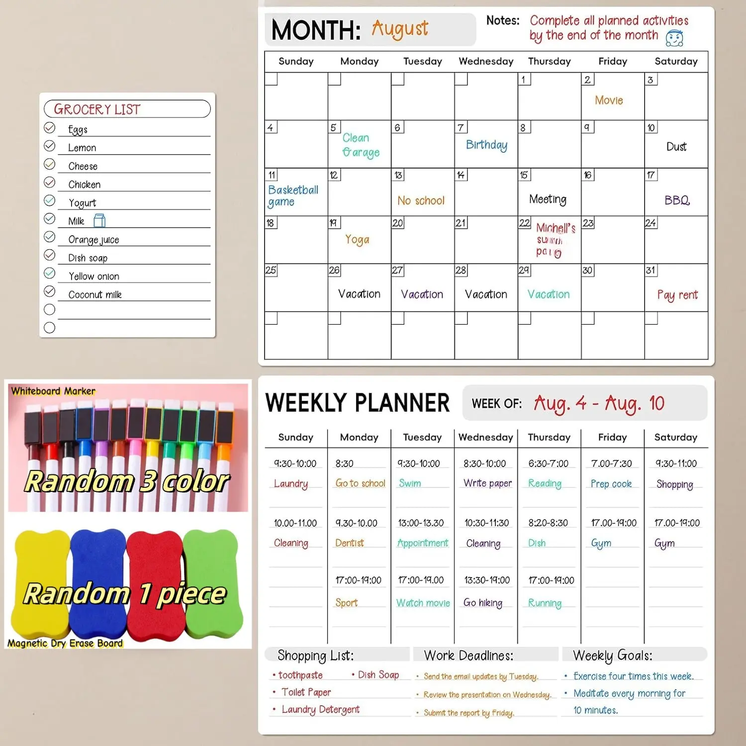 7 Piece Set Magnetic Erasable Refrigerator Calendar Planner Board, Undated Weekly Planner, Includes 3 Whiteboards, 3 Markers, 1 Eraser, Monthly Plan Organizer, Weekly Planner Pad