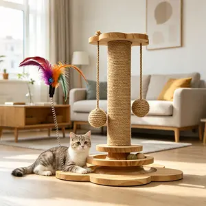 Indoor Cat Scratching Post with Ball, Sisal Cat Scratcher Tree Tower for Indoor Cats, Fluffy & Track Balls Included