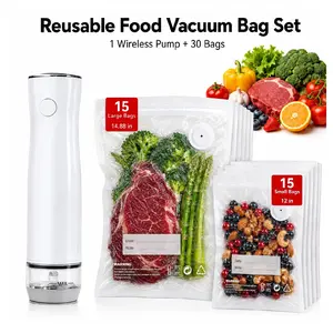 Reusable Vacuum Seal Storage Bags with Cordless Pump，30-Pack in 2 Sizes – USB Rechargeable Handheld Vacuum Sealer Machine with Built-In Battery， Resealable Vacuum Zipper Pouches for Food 5X Preservation & Fresh #Summervibes