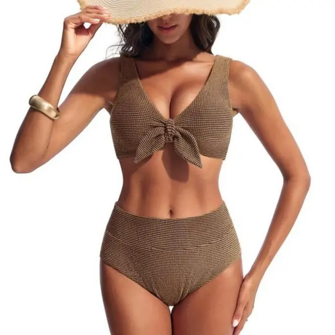 【S-2XL】Hanna Nikole Women's High Waisted Bikini Sets Two Piece Swimsuit with Tummy Control Textured Bathing Suits Tie Knot Swimwear for Beach Vacation #tiktokshopbacktoschool