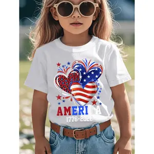 Boys & Girls Soft Breathable July 4th 250th Birthday T-Shirt - Flag Heart Leopard 1776 2026, Round Neck Casual Kids Tee Suitable for Early Elementary, Birthday Party Outfit or Casual Attire, Easy-Care Parent-Favorite Apparel