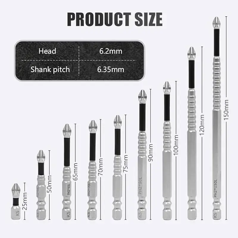 9PCS PH2 Screwdriver Bit Set - Impact-Resistant Steel, Multiple Sizes, Anti-slip for Power Drills & Electric Screwdrivers, 25-150mm