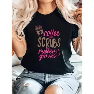 Women's Cotton Patient Coffee Scrubs & Rubber Gloves Print T-Shirt, Lady's Loose Style Crew Neck Short-Sleeve Casual Top for Spring, Summer, Womenswear,summervibes