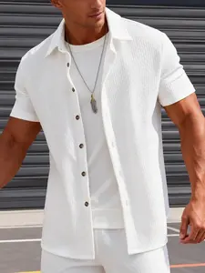 Men's White Textured Waffle Short Sleeve Shirt - Casual Stylish Turn-Down Collar, Soft Breathable Fabric, Relaxed Fit for At-Home Lounging, Lazy Weekends & Daily Casual Wear