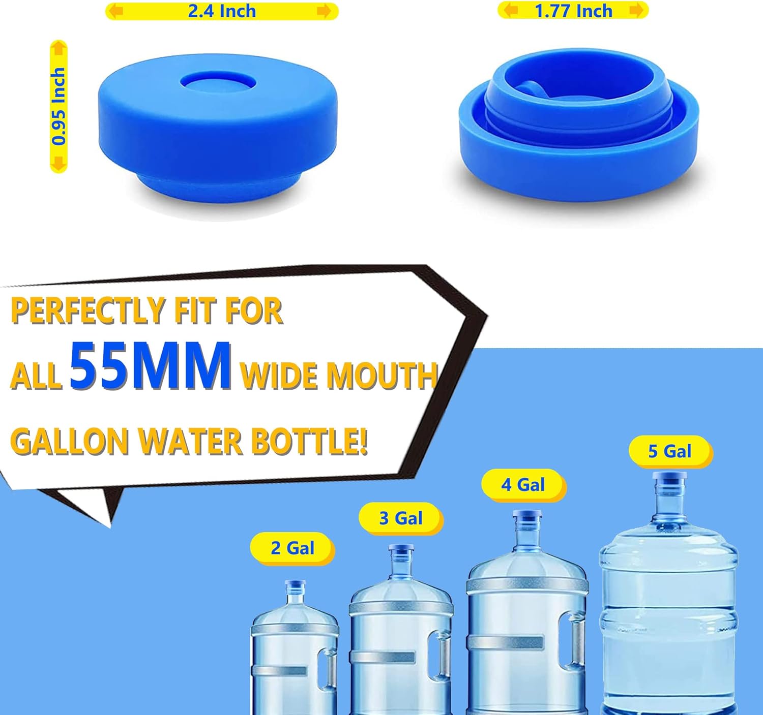 3 and 5 Gallon Water Jug Cap Reusable，Food Grade Silicone Replacement Gallon Caps for 55mm Bottle and Water Dispensers，Non-Spill 5 Gal Water Jug Cap Replacement Cover, Patented（3 Pack） Disposable Drinkware Plastic Indoor Kettle Drinkware Lids Airtight
