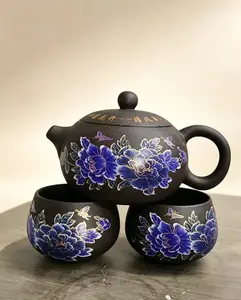 Oriental Blue Peony Butterfly Xishi Zisha Tea Set | 1 Pot + 2 Cups