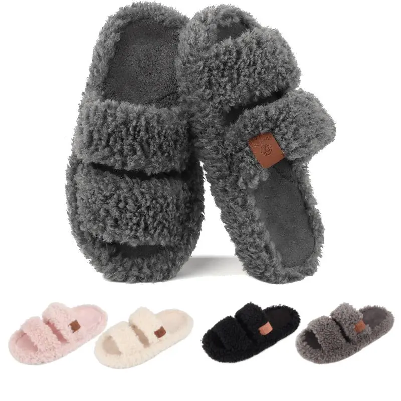 SANPON Women's Casual 2-Strap Fuzzy Faux Fur Slides - Open-Toe Slippers with Cushioned Memory Foam, Arch Support, Non-Slip Rubber Sole, Breathable Light Design, Ankle Parallel Bars, Indoor/Outdoor Use, Thoughtful Gifts, 2 Strap Women's Fashion Slippers