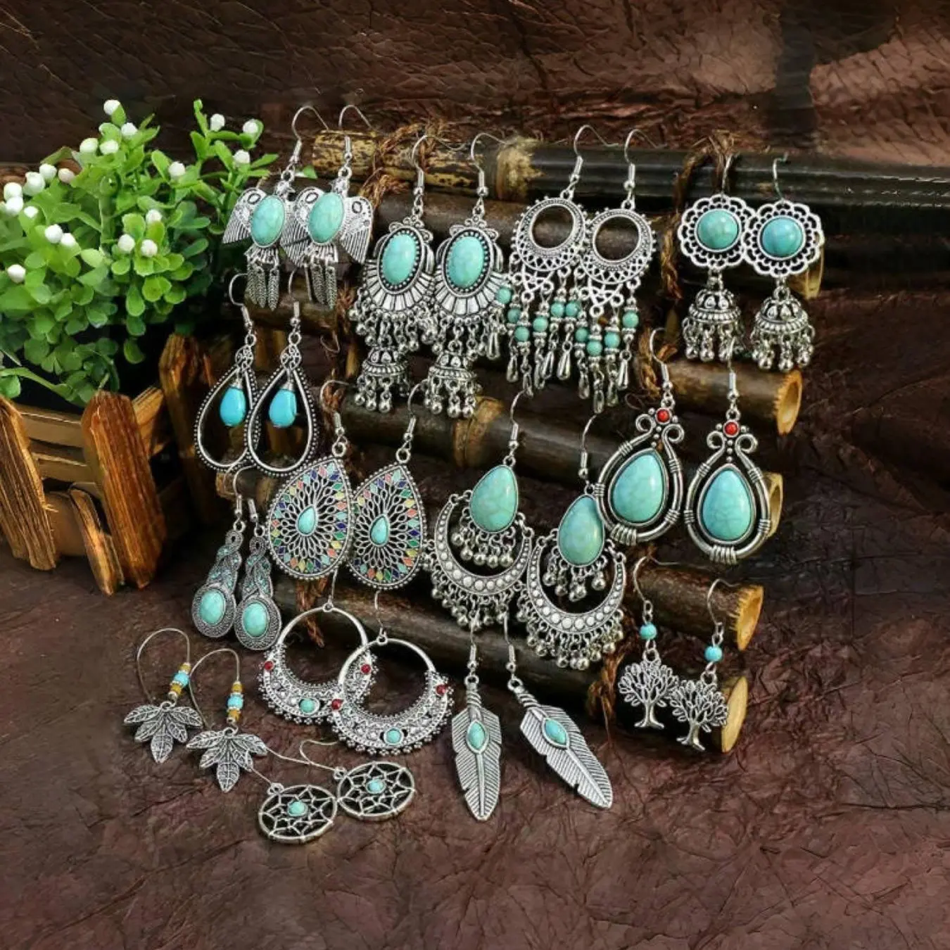Boho Ethnic Vintage Dangle Earrings Set, Acrylic Turquoise Pendant, Elegant Daily Wear Party Jewelry, Women's Ear Accessories