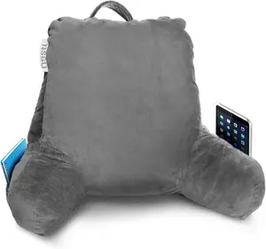 NESTL Reading Pillow with Arms - Soft Memory Foam Backrest Pillow for Sitting in Bed, Shredded Fill, Plush Cover, Built-In Pockets, Convenient Handle