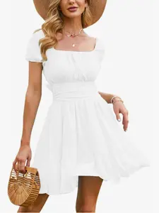 Boho Style Mini Short Dress with Bubble Sleeves, Back Tie Square Neck Design, Fitted Casual Summer for Women, Perfect for Daily Wear