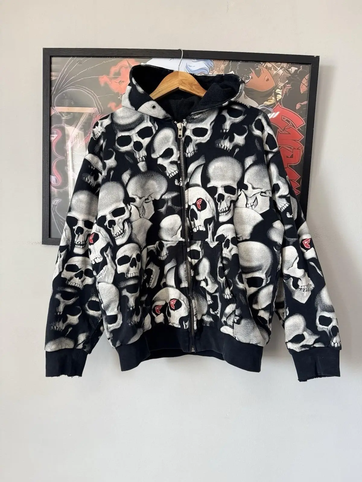 Y2K Skull Graphic Zip Up Hoodie, Vintage All Over Print Gothic Hoodie, Grunge Streetwear Full Zip Sweatshirt, Unisex Alternative Fashion Jacket, Retro Skull Hoodie, Size S–5XL