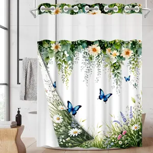 1PC 2D Flat No Hooks Double Layer Shower Curtain, Spring Greenery Daisy Blue Butterfly Print Waterproof Fabric, Fresh Natural Style Home Decor, Garden Lovers, Hotel Dorm Bathroom Accessory, Clear Top Window, Detachable Snap-In Liner, Room Divider