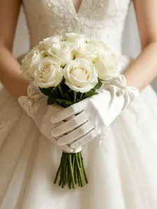 Satin Wedding Bridal Gloves for Bride, Wrist Length Short Opera Gloves with Faux Pearl Bow, Elegant Formal Gloves for Evening Party