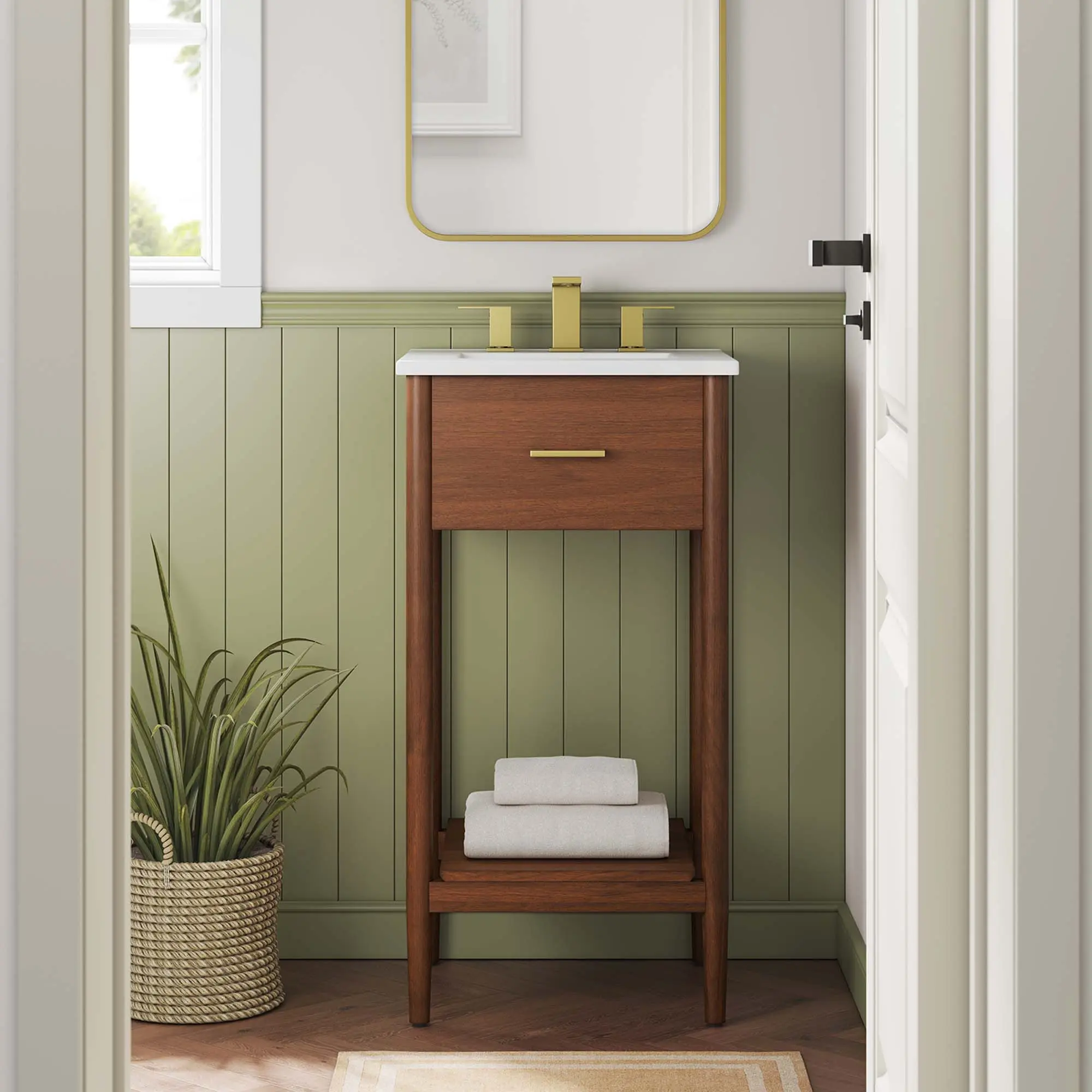 18-in Walnut Wood Minimalist Bathroom Vanity Cabinet with Storage & Metal Hardware (Sink Basin Not Included, Ideal for Bathroom Organization)
