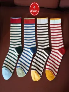 New American Colorblock Mid-Calf Socks, 4 Pairs Versatile Striped Design, Men & Women Fashion Trendy Socks, Stylish Stackable Socks