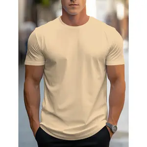 Men's Solid Color Cotton T-shirt, 100% Cotton Casual Short Sleeve Tee, Round Neck Regular Fit, Breathable Vacation Shirt for Daily Summer Wear Top Menswear Jeans Streetwear Tshirt Tropical Soft Crewneck Shortsleeve Beige Plain