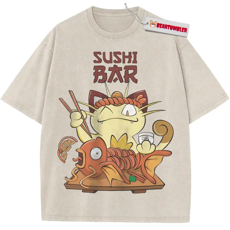 Meowth Magikarp Sushi Bar T-Shirt, Meowth Shirt, Magikarp Shirt, PKM Shirt, Funny PKM Anime Parody, Retro 90s Gamer Meme, Nostalgic Y2K Cartoon Graphic, Unisex Cotton Crewneck T-Shirt Menswear Womenswear Streetwear Top