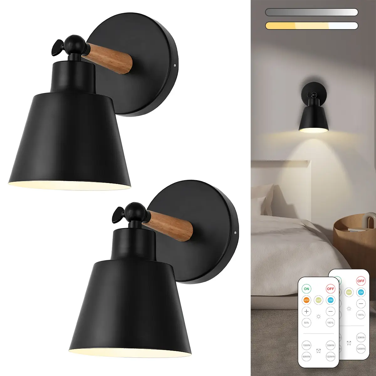 【DealsForYouDays】Black Vintage Wireless Battery Operated Wall Sconces, 3 Color Industrial Cordless Battery Powered Led Wall Lights Set of 2, Wall Lamp Fixture Indoor with Remote Control for Bedroom Farmhouse Gallery Living Room RV