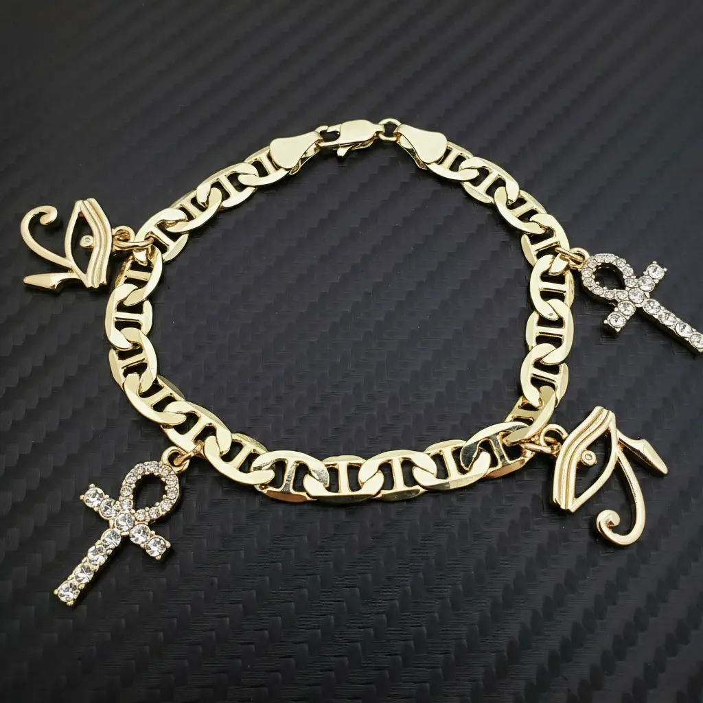 MaxBling81 High-End Gold Finished 6mm 8.5" 14K Stamped Marina Chain Bracelet with Egyptian Ankh & Eye of Horus Charms, Unisex Gold Bracelets for Men & Women