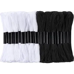 24 Skeins Cross Stitch Threads, Black and White Cotton Embroidery Floss Friendship Bracelets Floss with 12 Pieces Floss Bobbins for Knitting, Cross Stitch Project