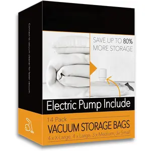 14 Pack Vacuum Storage Bags with Electric Air Pump, Space Saver Sealer Compression Bags for Comforters, Blankets, Pillows, Bedding, Clothes (4 /4 Large/3 Medium/3 Small)