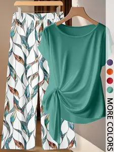 2 Piece Set Spring Summer Women Casual Matching Outfit, Solid Color, Round Neck, Knot Waist Short Sleeve Tops & Elastic Waist Leaf Printed Loose Straight Wide Leg Pants Set, Soft Smooth Silky Loungewear, Daily Office Vacation Country Beach Going Out