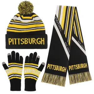 Knitted Pittsburgh Ribbed Hat Scarf & Gloves Set Jacquard Design Elastic Warm Winter Accessories for Men Women