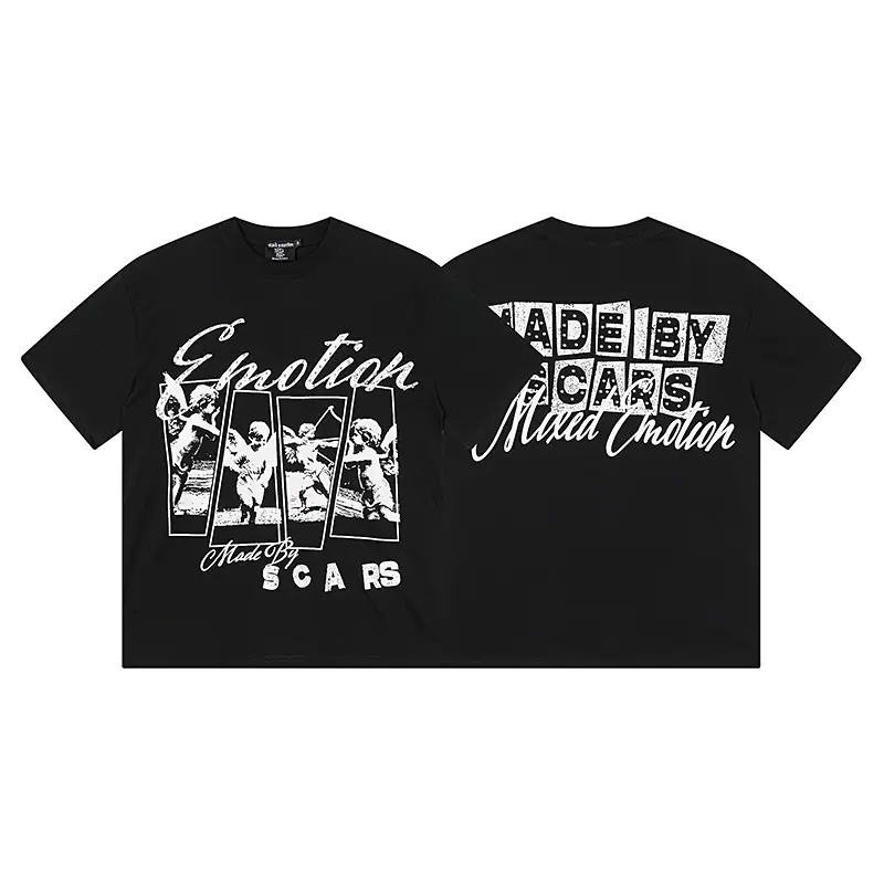 MIXED EMOTION Vintage Cherub Graphic T-Shirt Bling Logo Heavyweight Cotton Black Cream Casual Tee Mens Standard Fit
