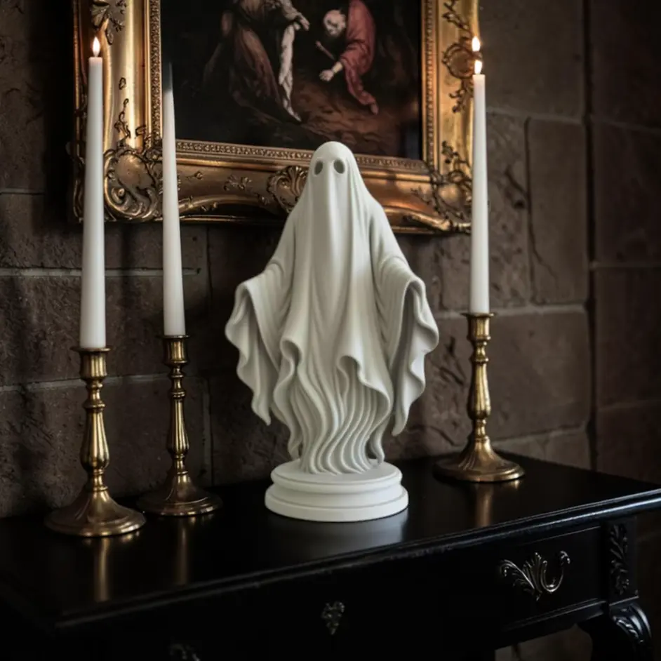 Elegant White Flowing Ghost Statue, Gothic Home Decor Sculpture, Spooky Halloween Mantelpiece Ornament, Artful Resin Figurine loween Mantelpiece Ornament, Artful Resin Figurine