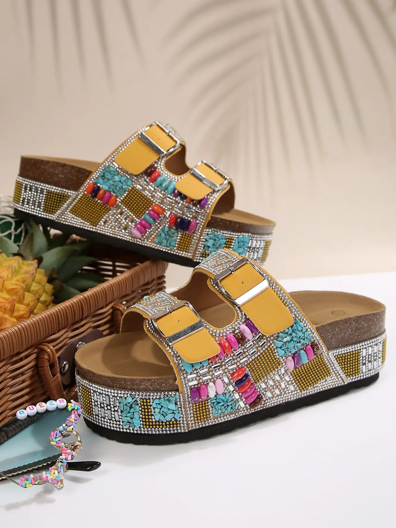 Bohemian Rhinestone Beaded Platform Slides, Adjustable Buckle Summer Sandals, Sparkly Thick Sole Shoes for Women, Stylish Footwear, Beach Platform Shoes, Fashionable Glitter Sandals, Boho Style Slides