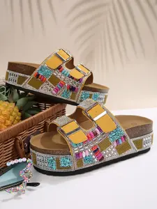 Bohemian Rhinestone Beaded Platform Slides, Adjustable Buckle Summer Glitter Sandals, Sparkly Thick Sole Shoes for Women, Stylish Footwear