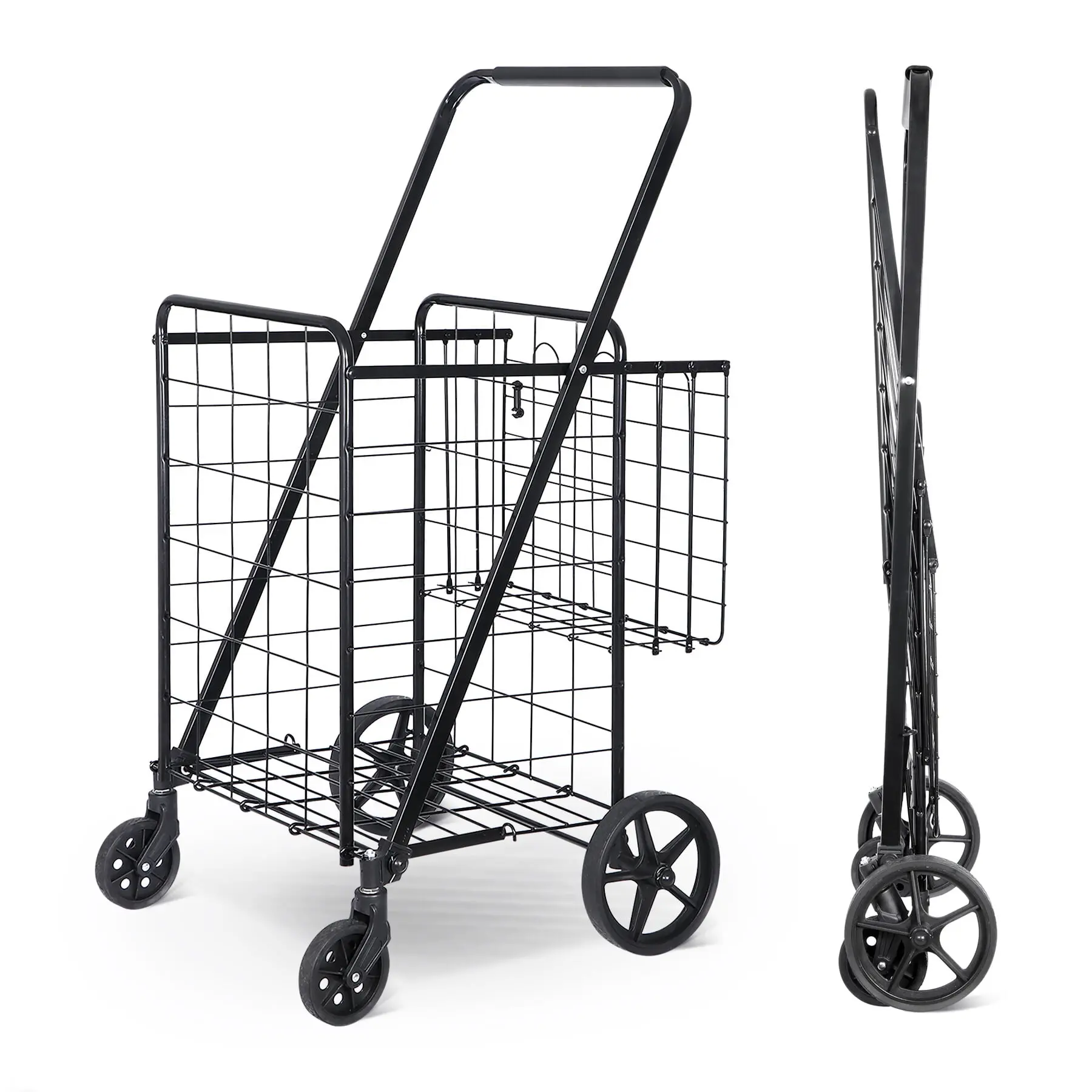 LEMY Folding Utility Shopping Cart with Double Basket and Wheels for Grocery Laundry Book Luggage Travel, Black