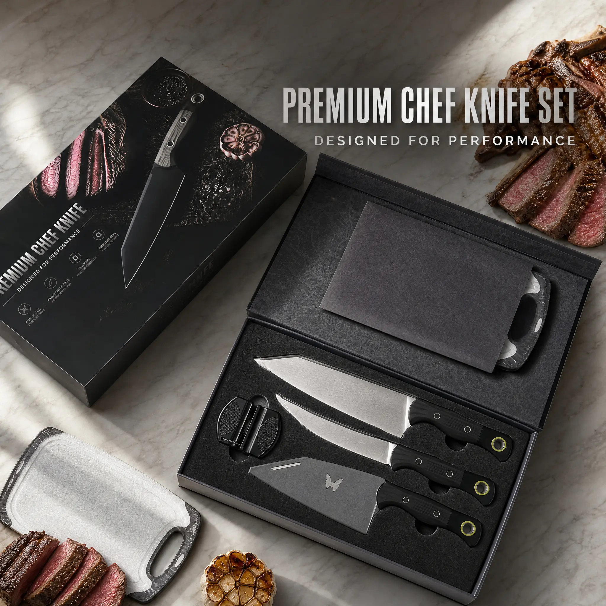 5-Piece Classic Knives Kitchen Set, Stainless Steel Blade Professional Chef Tools with Cutting Board & Sharpener, Home Use Kitchenware for Meat & Vegetable Cutting, Five Pieces