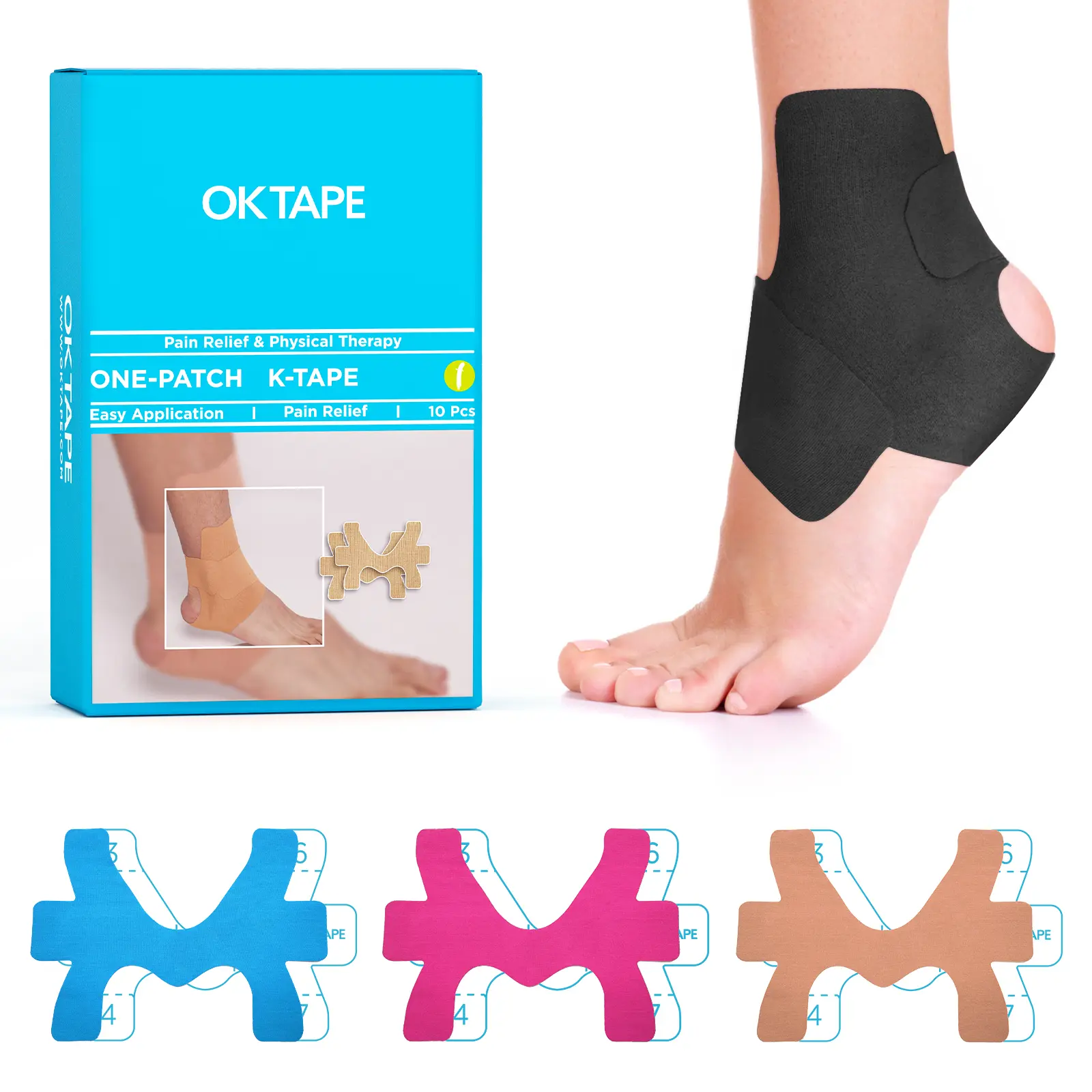 OKTAPE 10 Pcs Precut Kinesiology Tape for Ankle, Original Cotton Breathable Elastic Athletic Tape, Pain Relief Minimize Ankle Sprain Provides Support and Stability for Ligament and Muscle(Black)