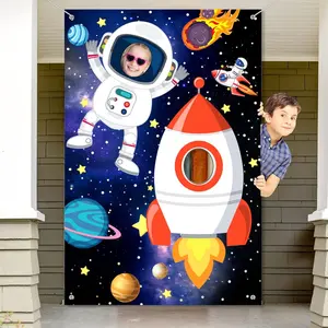 Outer Space Theme Photo Booth Prop, 2D Flat Door Cover, Astronaut Face & Rocket Ship Design, Perfect for Birthdays & Parties
