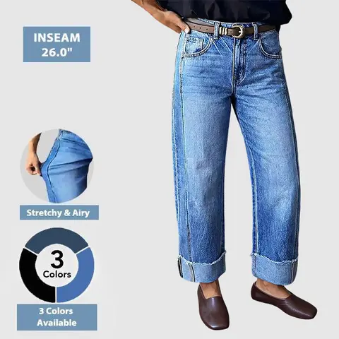 Flamingals Wash Seam Front Roll Raw Hem Mid Rise Straight Leg Jeans Womenswear Stretchy 26.0" Inseam Summer Vibes