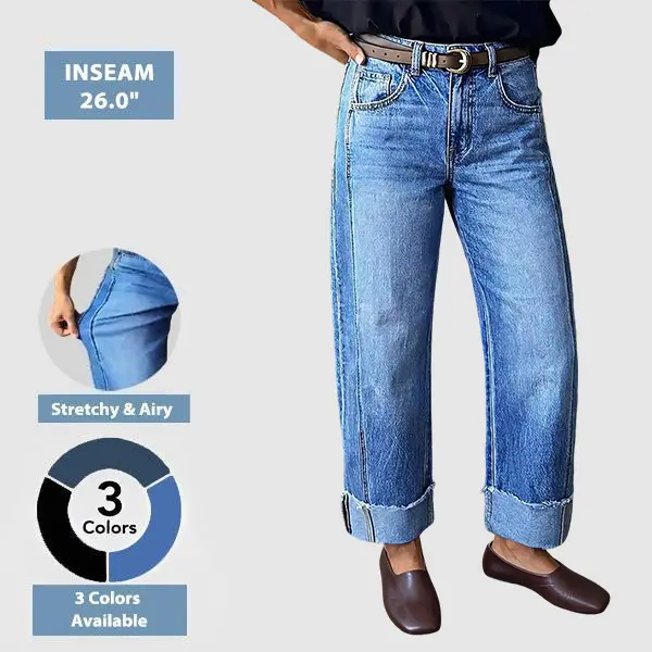 Flamingals Wash Seam Front Roll Raw Hem Mid Rise Straight Leg Jeans Womenswear Stretchy 26.0" Inseam Summer Vibes