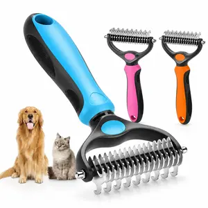 2-in-1 Double-Sided Pet Grooming Brush, Undercoat Rake & Deshedding Tool - 9 & 17 Teeth Comb for Dematting, Tangle Removal - Ergonomic Non-Slip Blue Brush for Dogs, Cats fur easy