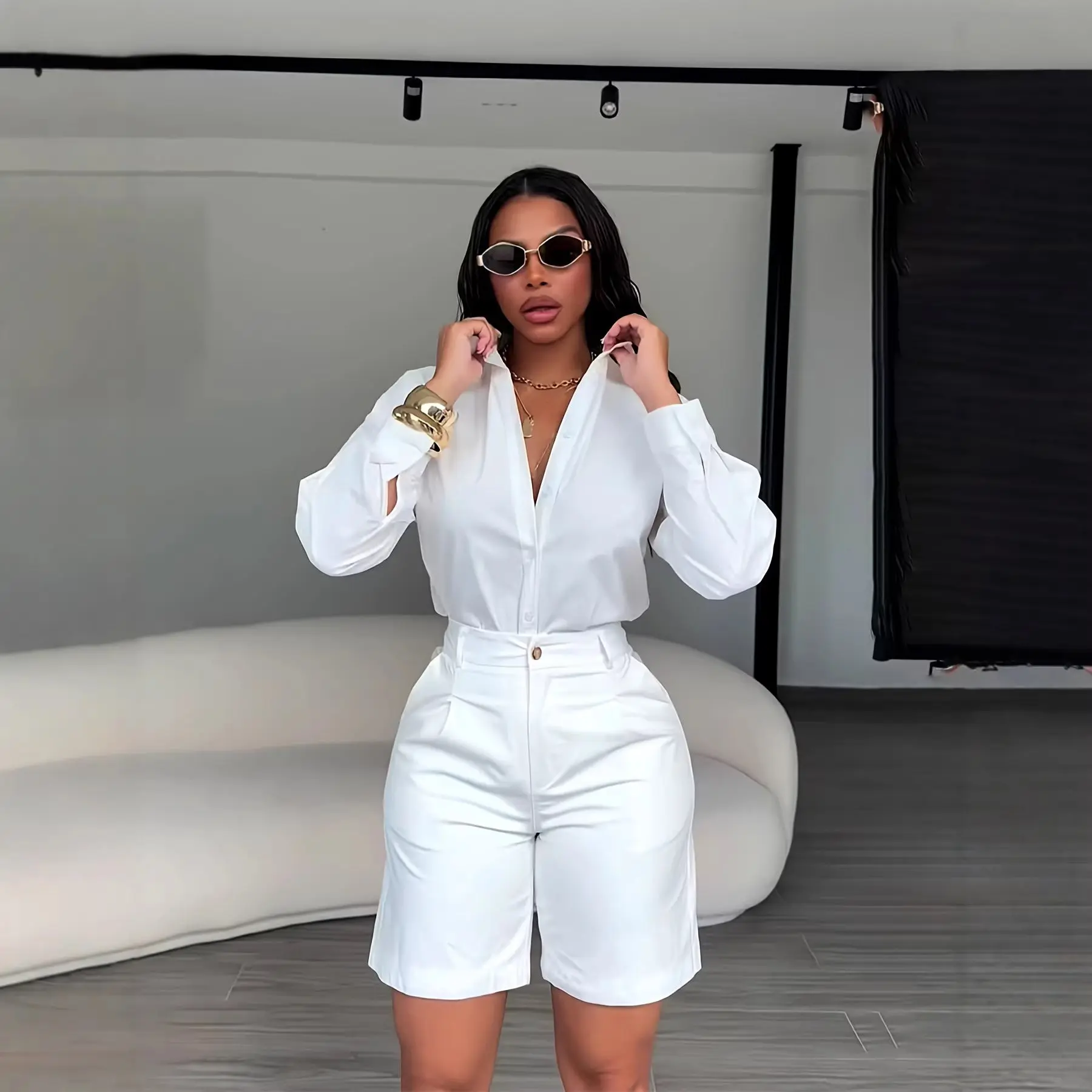 Fashionable Lapel-Collar Casual Long-Sleeve Shirt And Shorts Set