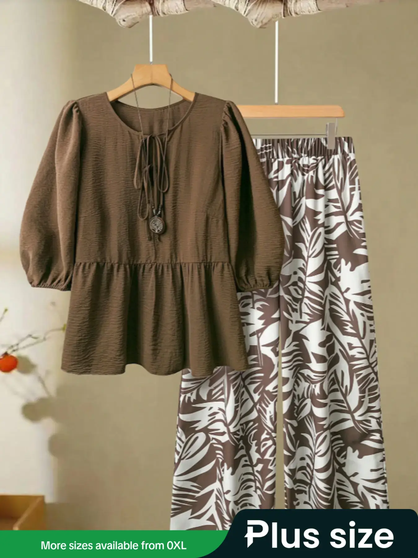 Elegant Minimalist Plus Size Women's Solid Color Shirt & Printed Pants Set, Casual Fashion Womenswear for Spring & Fall, Comfortable and Stylish Clothing