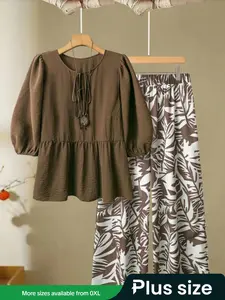 Elegant Minimalist Plus Size Women's Solid Color Shirt & Printed Pants Set, Casual Fashion for Spring & Fall, Comfortable and Stylish Clothing, Womenswear