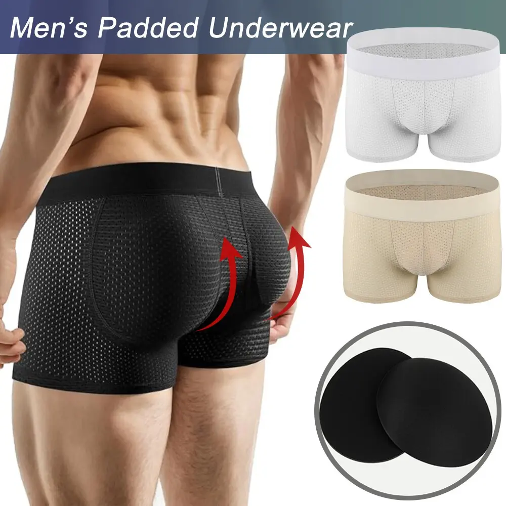 1/2/3 Pack Menswear Padded Underwear Breathable Butt Lift Mesh Boxer Briefs Shorts with Removable Pads Shapewear Hips Enhancers Underpants Sports Soft Slim-Fitting Elastic Nylon Classic Fabric Lingerie Smooth Fitness