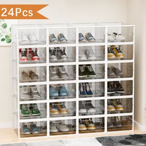 12/24pcs Thickened Transparent Shoe Boxes With Lid, Foldable And Stackable Shoe Rack, Free Combination, Plastic Sneaker Container, Space Saving Storage Organizer For Entryway, Bedroom, Home, Dorm, Etc
