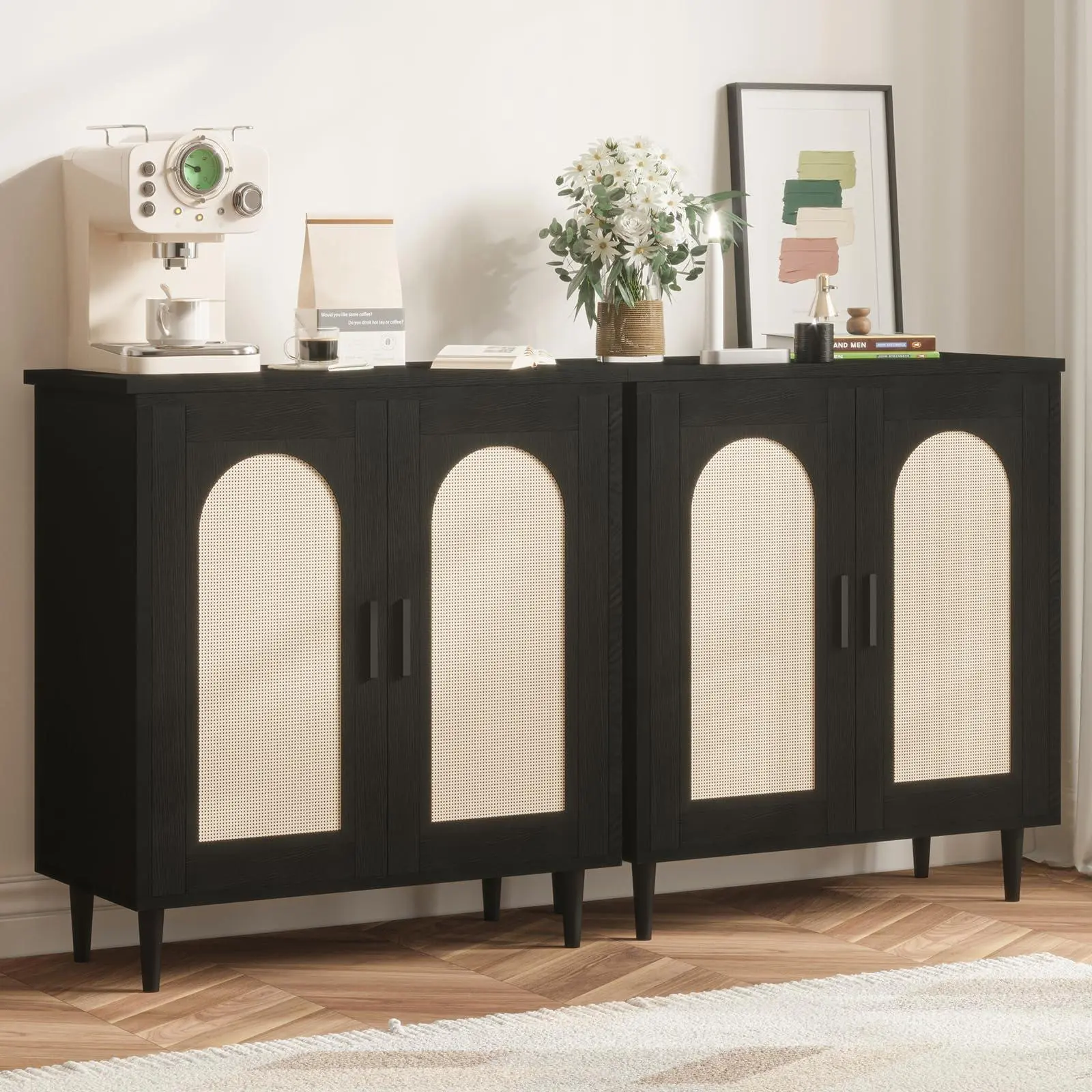 Sideboard Buffet Kitchen Storage Cabinet with Rattan, Solid Wood Feet for Living Room, Hallway, Entryway, Cabinet with Ample Storage Space (Black, 2 pcs)